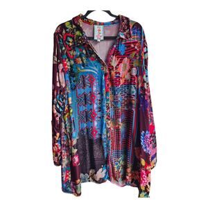 Johnny Was Dream Velvet Button Front Tunic Top floral 2XL Boho Plus Size Luxury